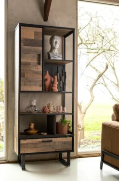 Avalon, boekenkast 80 cm - 1-deur + 1-lade + 5-niches - Driftwood