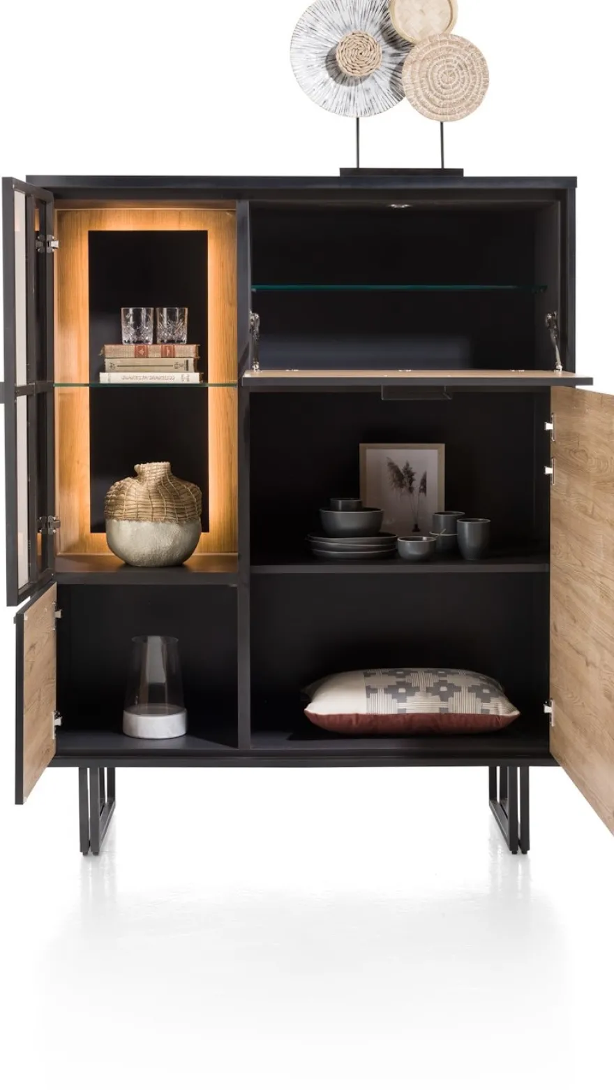 Avalon, highboard 120 cm - 2-deuren + 1-glasdeur + 1-klep (+ LED) - Driftwood