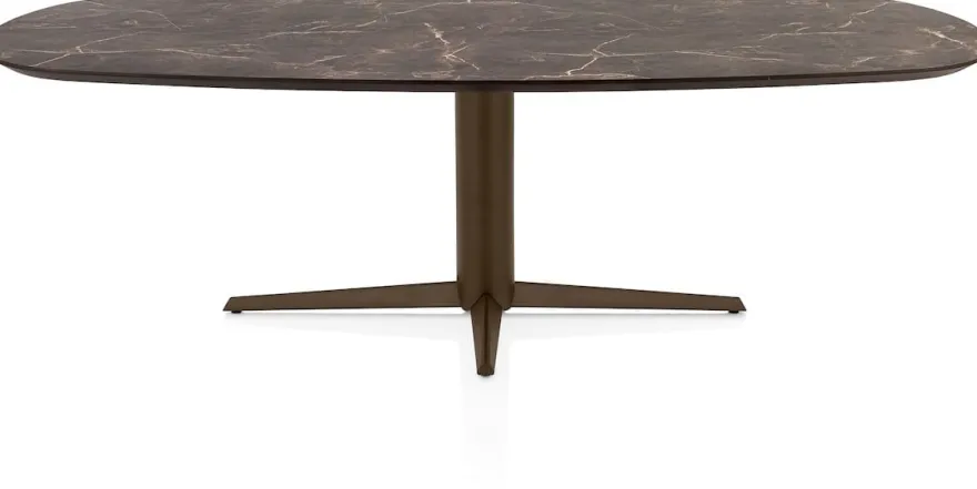 Caletta, eetkamertafel ovaal 240 x 105 cm. - HPL Primo Laminato blad - centrale teenpoot steelbrown - Marble brown