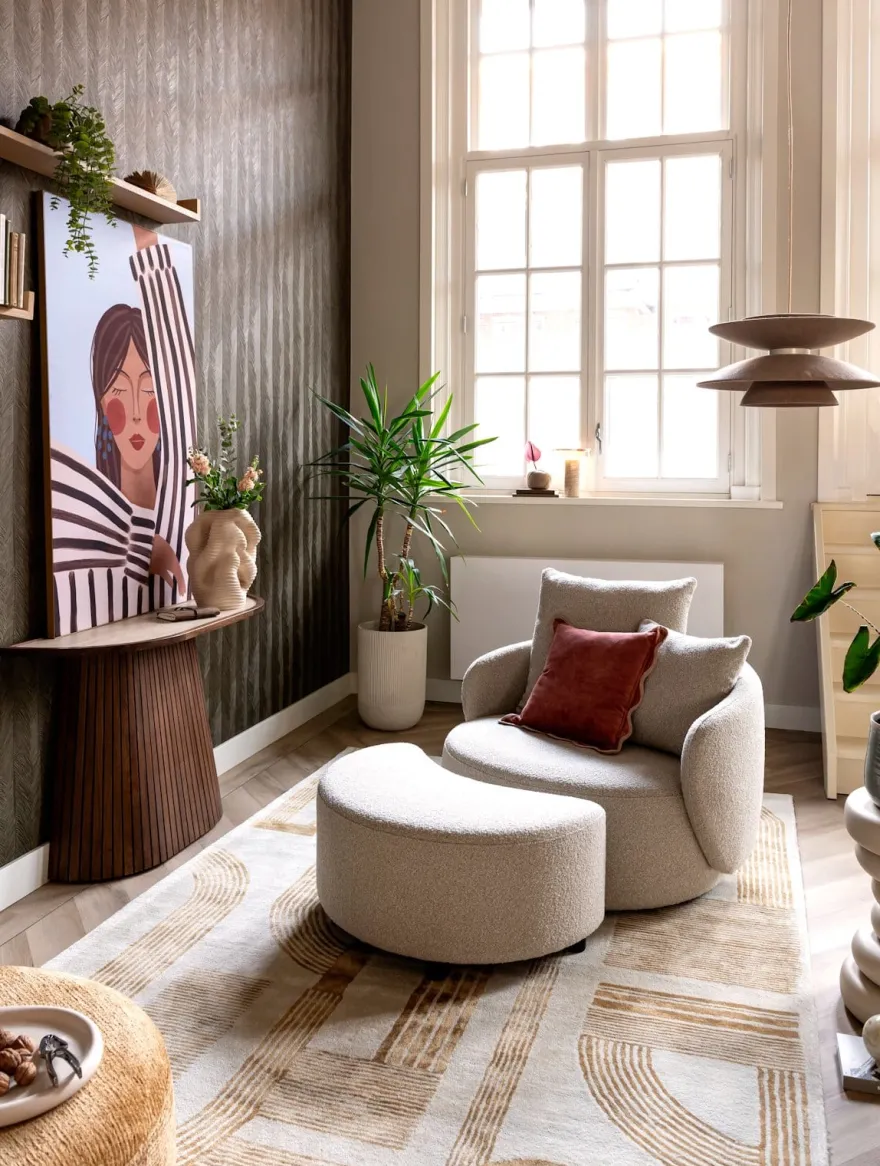 Elise, draaifauteuil met poef - stof Cloudy
