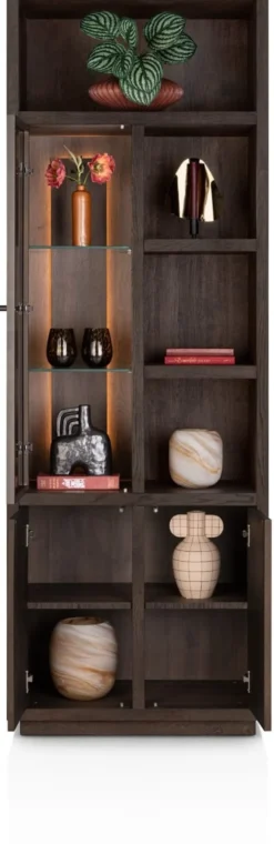 Gijon, bergkast smal 75 cm - 1-glasdeur + 2-deuren + 4-niches (+ LED)