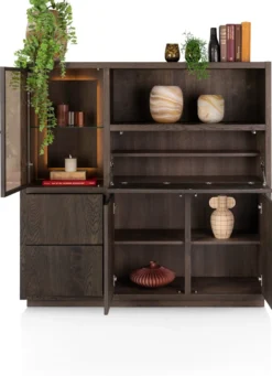 Gijon, highboard 145 cm - 1-glasdeur + 2-deuren + 2-laden + 1-klep + 1-niche (+ LED)