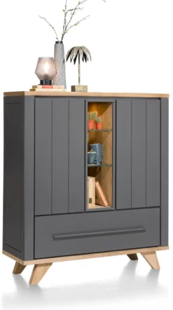 Jardin, highboard 125 cm 2-deuren + 1-lade (+ 2 binnenin) + 3-niches (+ LED) - Antraciet