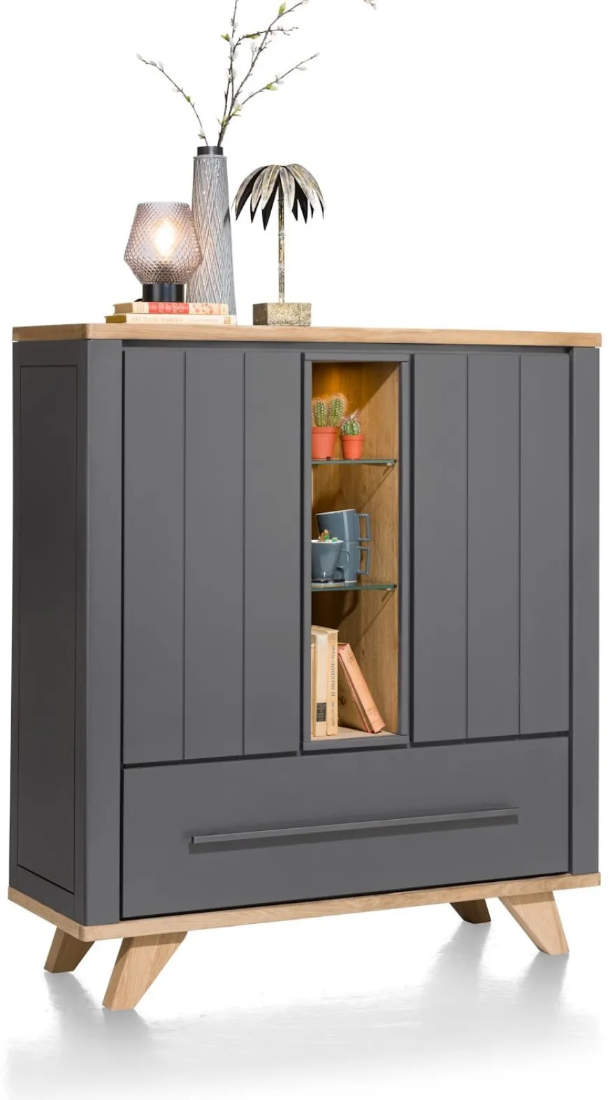 Jardin, highboard 125 cm 2-deuren + 1-lade (+ 2 binnenin) + 3-niches (+ LED) - Antraciet