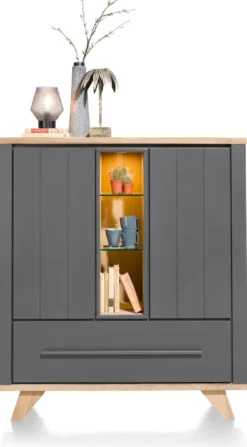 Jardin, highboard 125 cm 2-deuren + 1-lade (+ 2 binnenin) + 3-niches (+ LED) - Antraciet