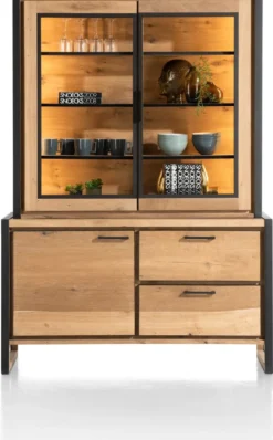 Metalo, buffetkast 140 cm - 2-glasdeuren (+ LED) + 1-deur + 2-laden