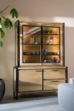 Metalo, buffetkast 140 cm - 2-glasdeuren (+ LED) + 1-deur + 2-laden