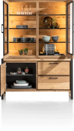Metalo, buffetkast 140 cm - 2-glasdeuren (+ LED) + 1-deur + 2-laden