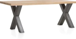 Metalox, eetkamertafel 200 x 100 cm - met rand boomschors + X-vorm metalen poot