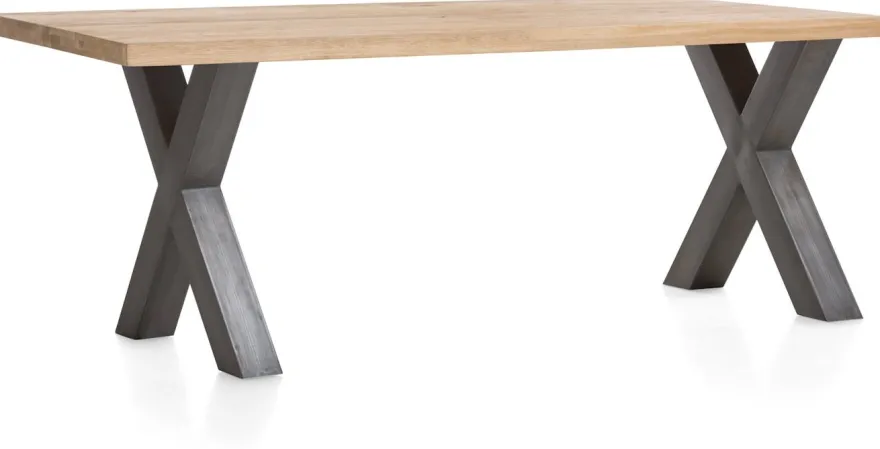 Metalox, eetkamertafel 200 x 100 cm - met rand boomschors + X-vorm metalen poot