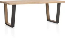 Metalox, eetkamertafel 200 x 100 cm - met rand boomschors + V-vorm metalen / houten poot