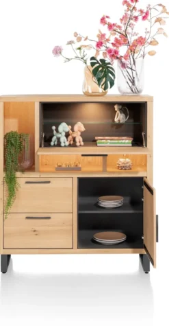 Pavie, highboard 125 cm - 1-deur + 2-laden + 1-klep + 3-niches (+ LED) - natural