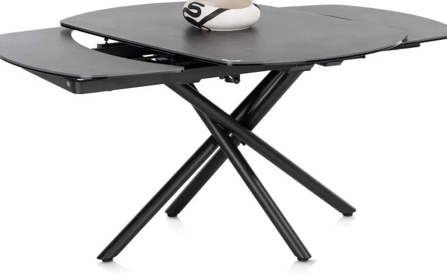 Preston, uitschuiftafel 120 (+ 2 x 30) x 90 cm - centrale poot - keramiek op glas - Antraciet