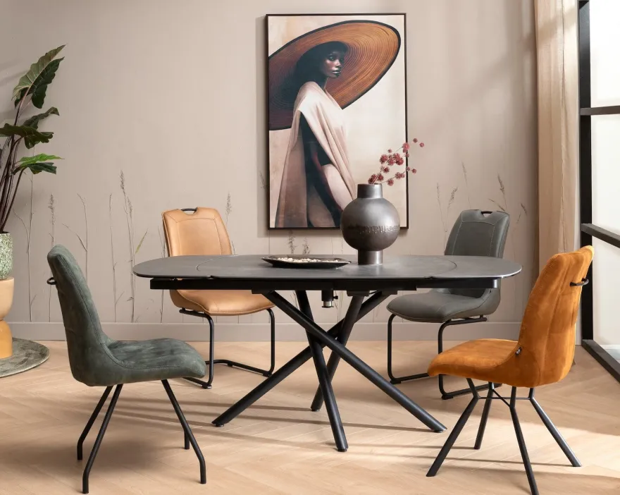 Preston, uitschuiftafel 120 (+ 2 x 30) x 90 cm - centrale poot - keramiek op glas - Antraciet