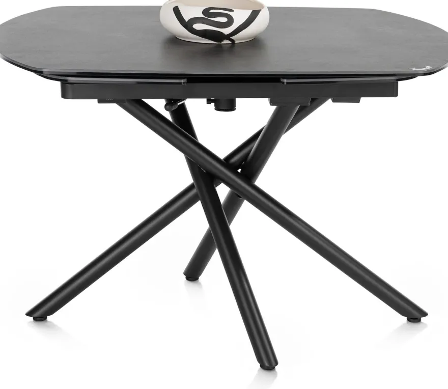 Preston, uitschuiftafel 120 (+ 2 x 30) x 90 cm - centrale poot - keramiek op glas - Antraciet