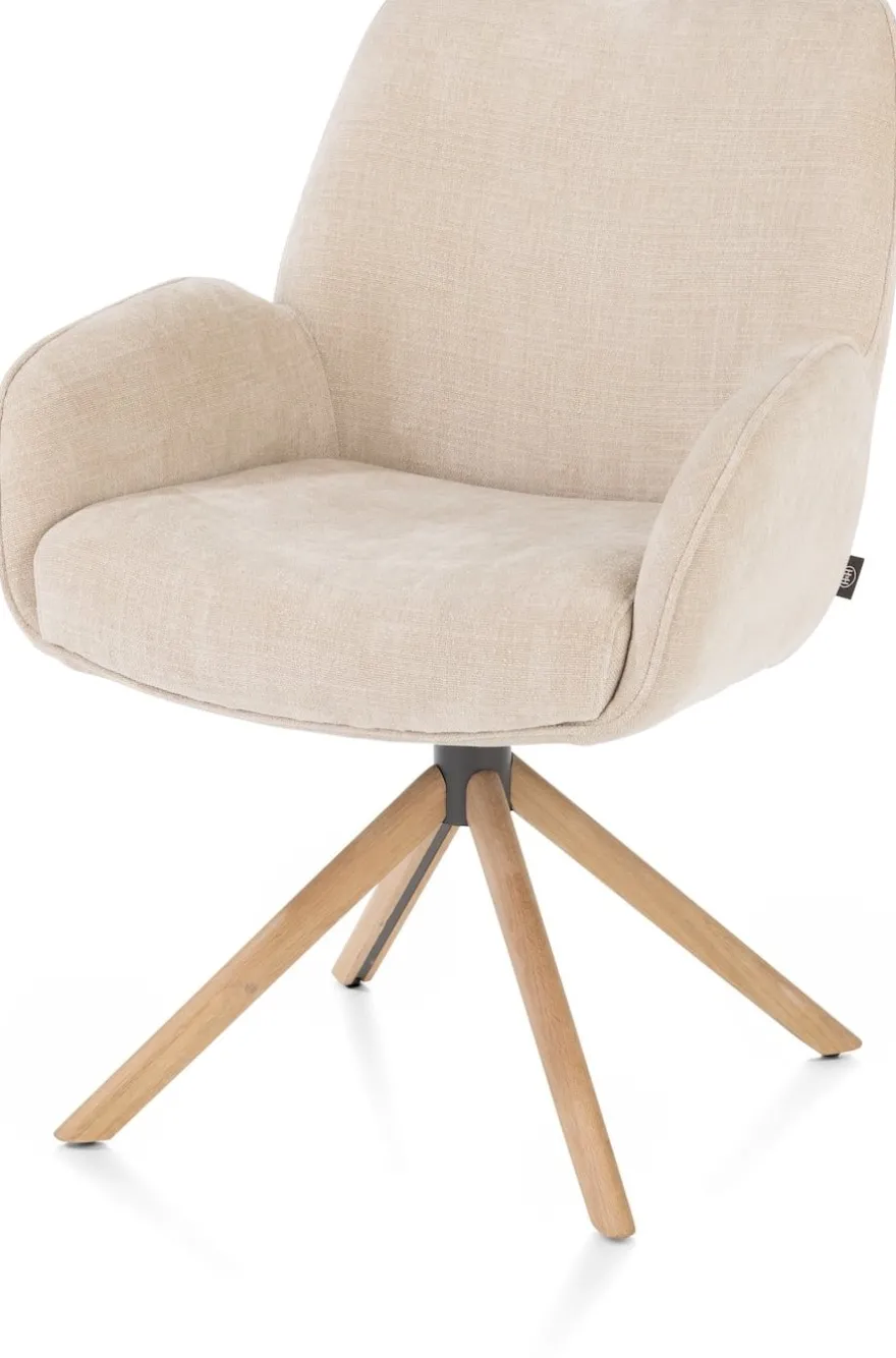 Riley, armstoel 4-poots naturel eiken - draaibaar + pocket - stof Cadiz - Creme